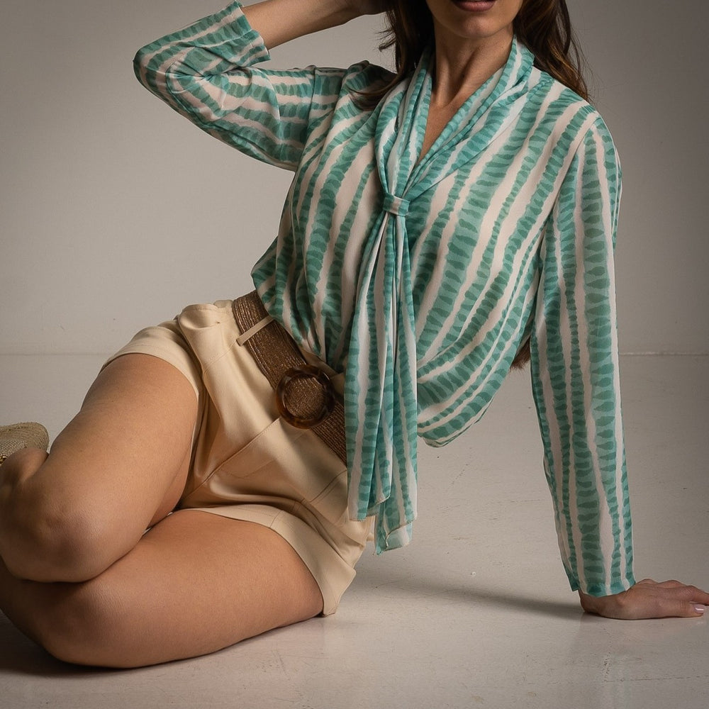 Mint tie-neck blouse with vertical stripe print spring look by MARIΓIOÚ