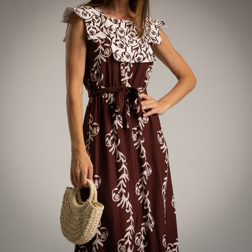 Cocoa Brown block print midi dress with white ruffle collar and tie waist - front view