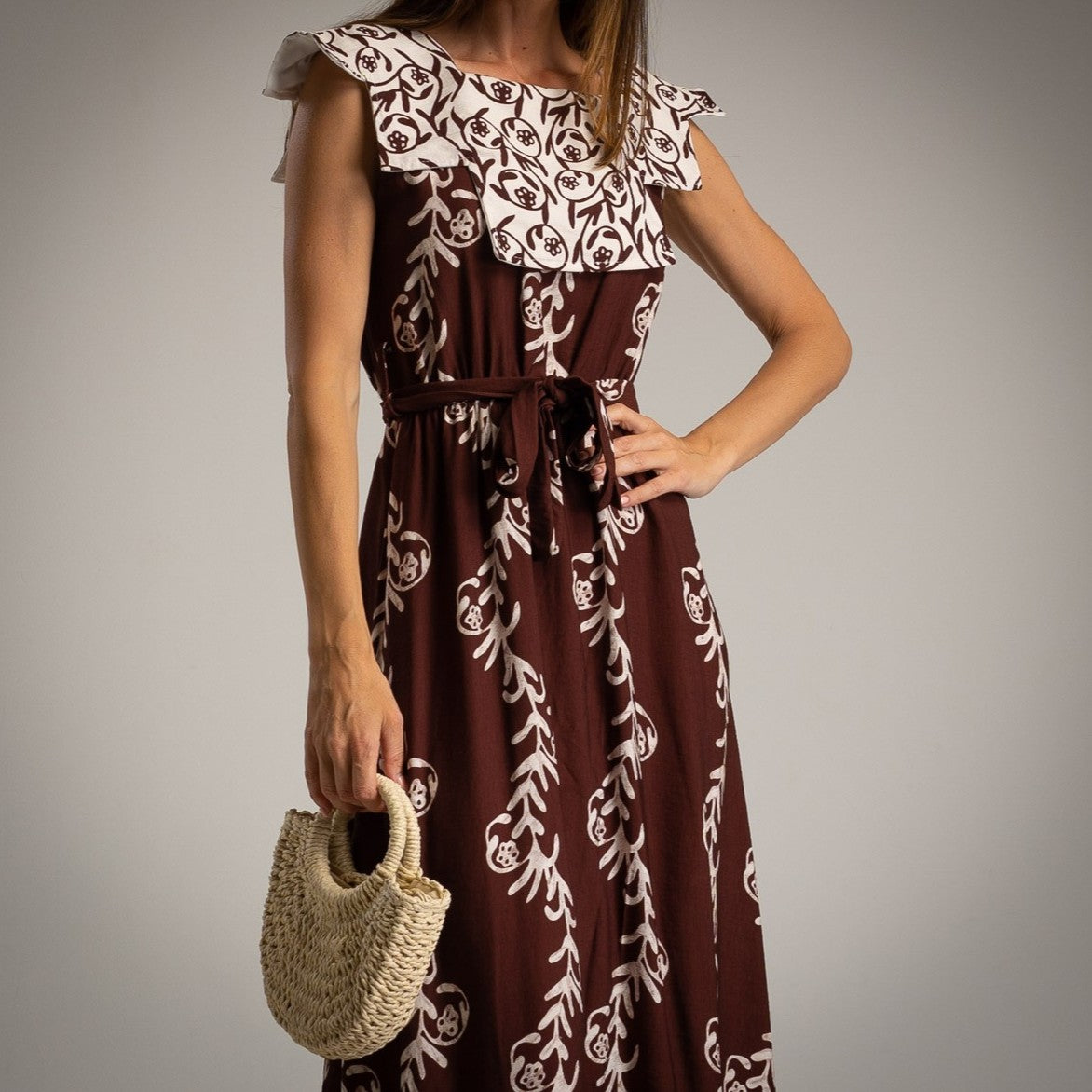 Cocoa Brown block print midi dress with white ruffle collar and tie waist - front view