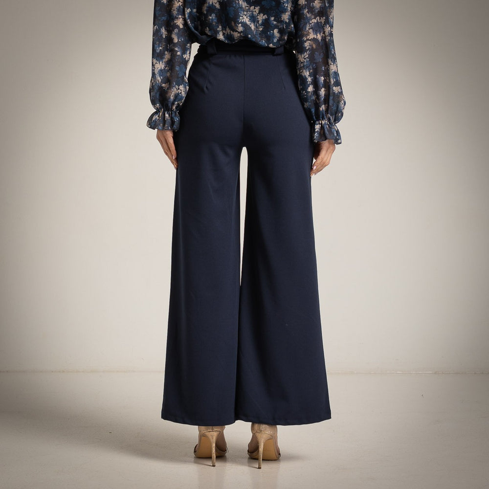 Midnight Blue wide-leg crepe trousers with paperbag waist and self-tie belt - back view