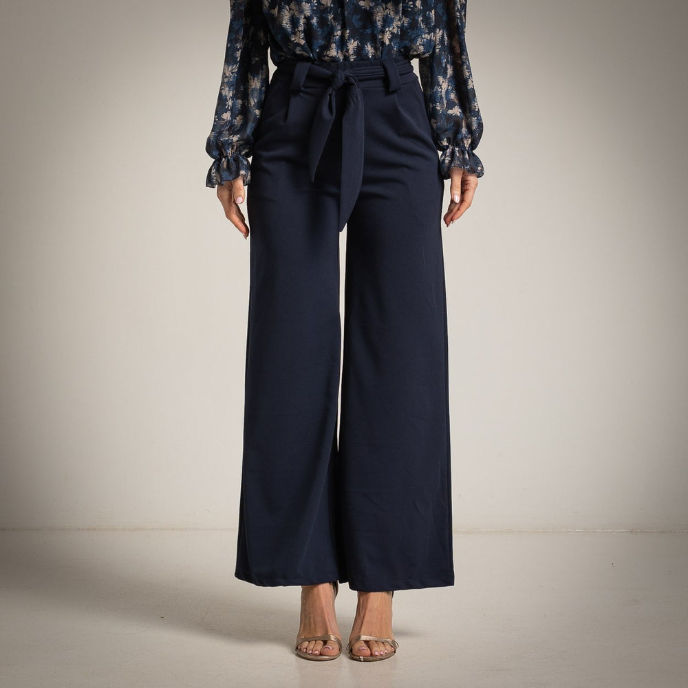 Midnight Blue wide-leg crepe trousers with paperbag waist and self-tie belt - front view
