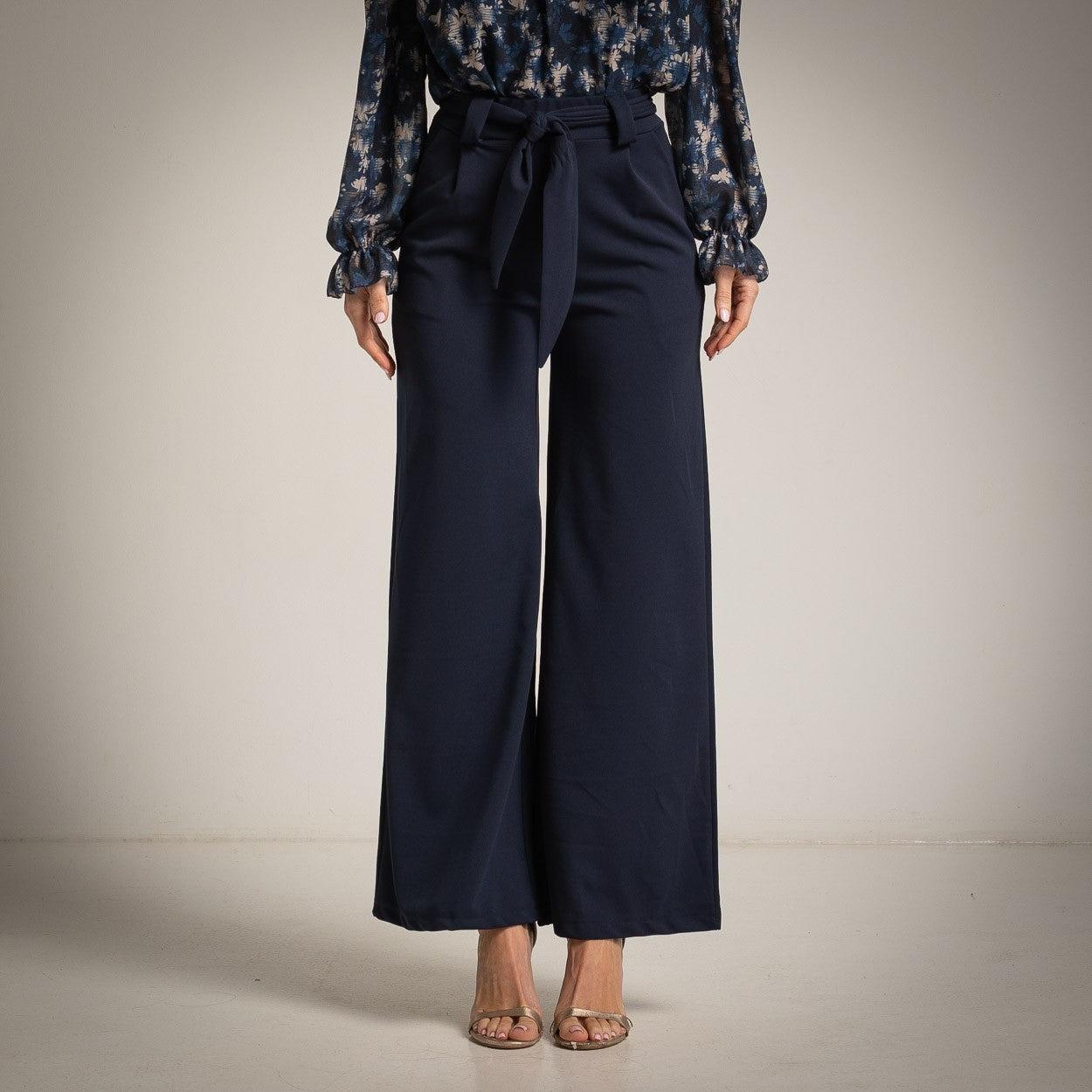 Midnight Blue wide-leg crepe trousers with paperbag waist and self-tie belt - front view
