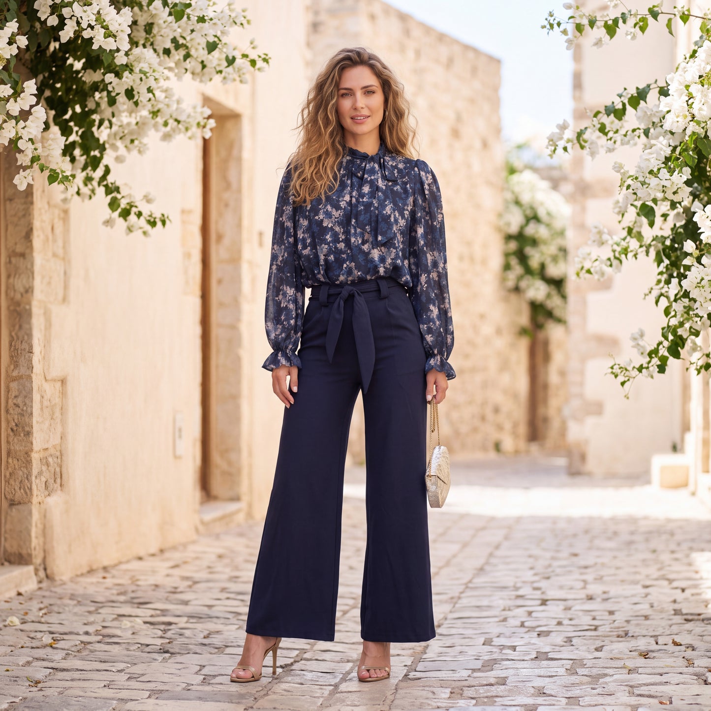 Midnight Blue wide-leg crepe trousers with paperbag waist and self-tie belt by MARIΓIOÚ
