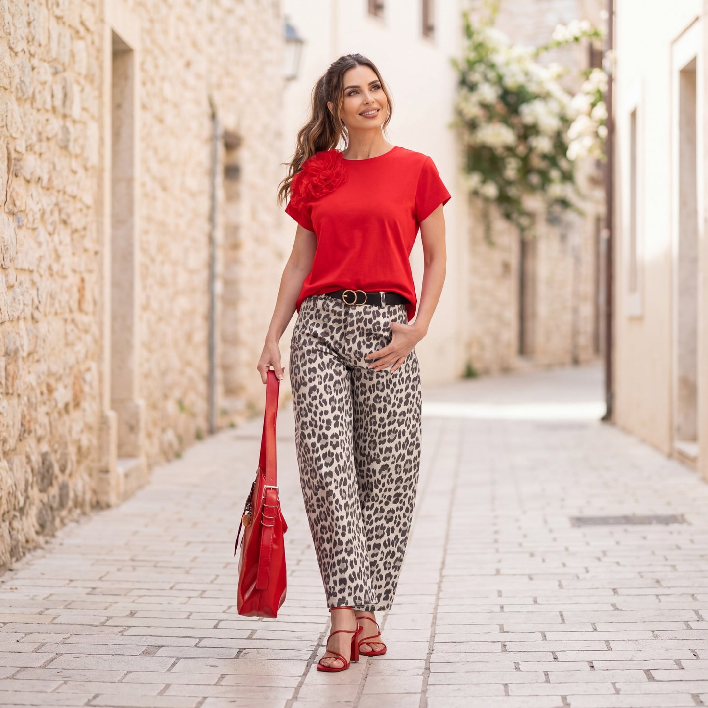 Red statement t-shirt with animal print pants styled look MARIΓIOÚ