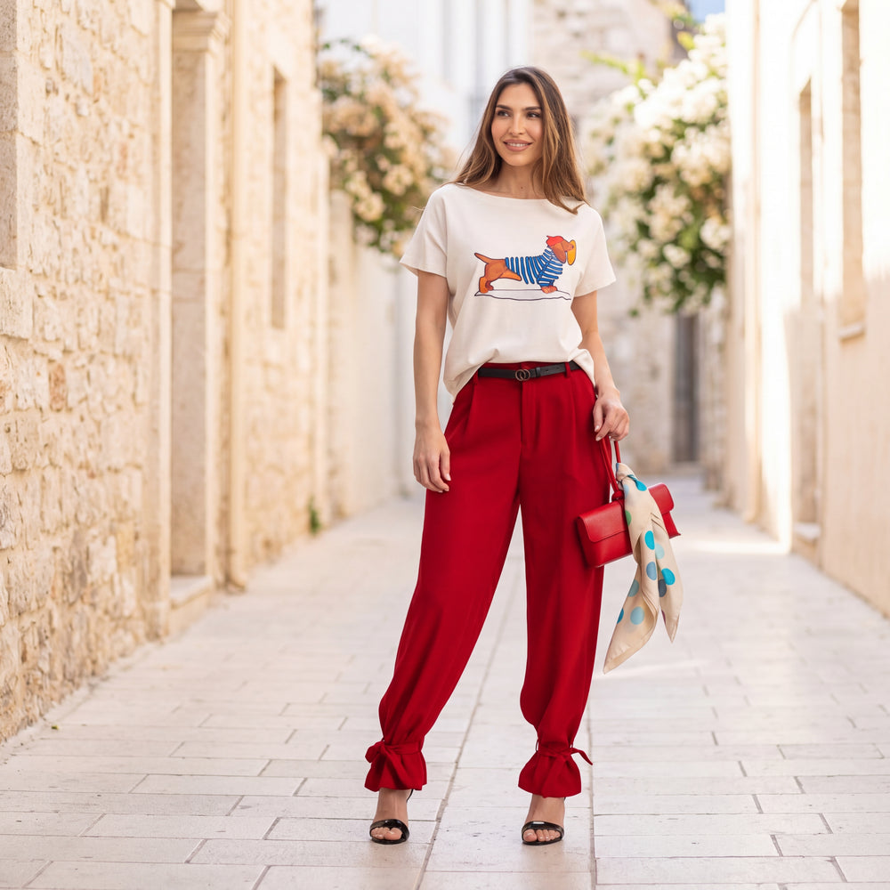Red tapered pants styled outfit Mediterranean street look MARIΓIOÚ