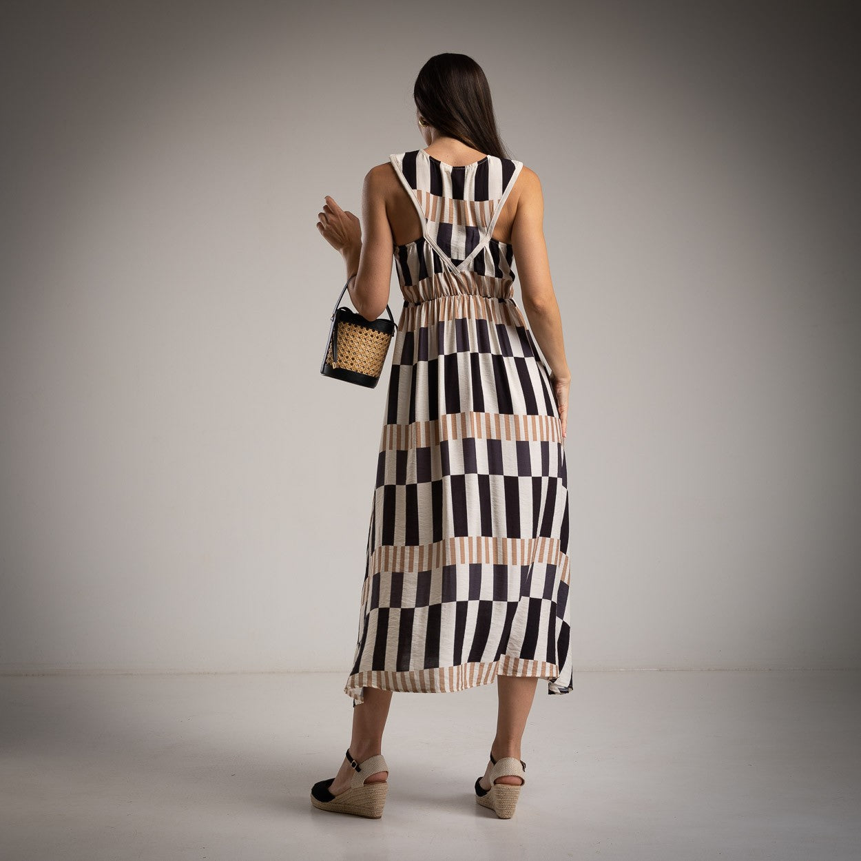 MARIΓIOÚ retro midi dress graphic stripe black back view
