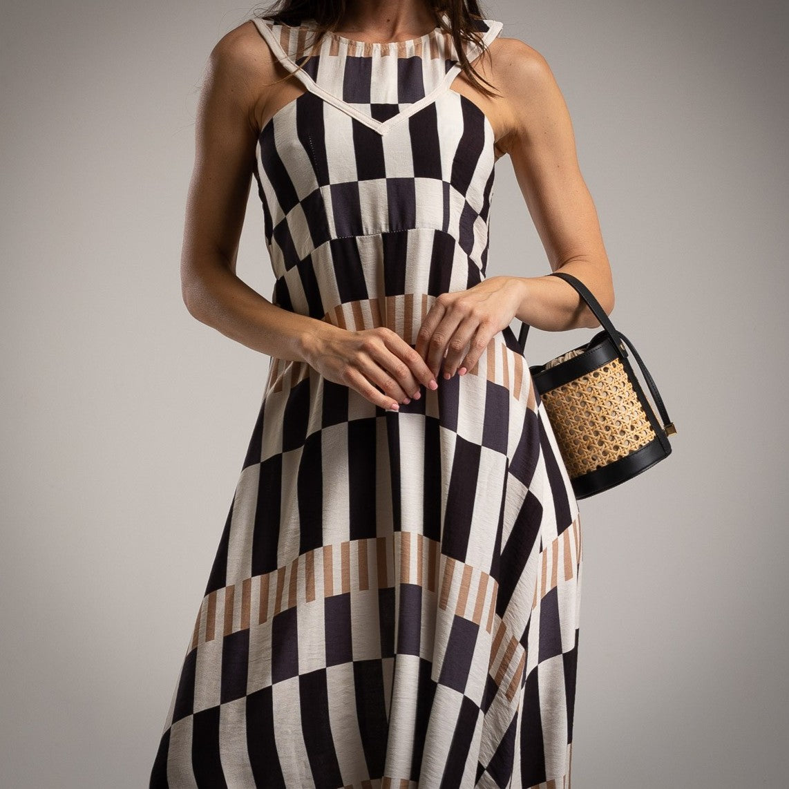 MARIΓIOÚ retro graphic stripe midi dress black front detail
