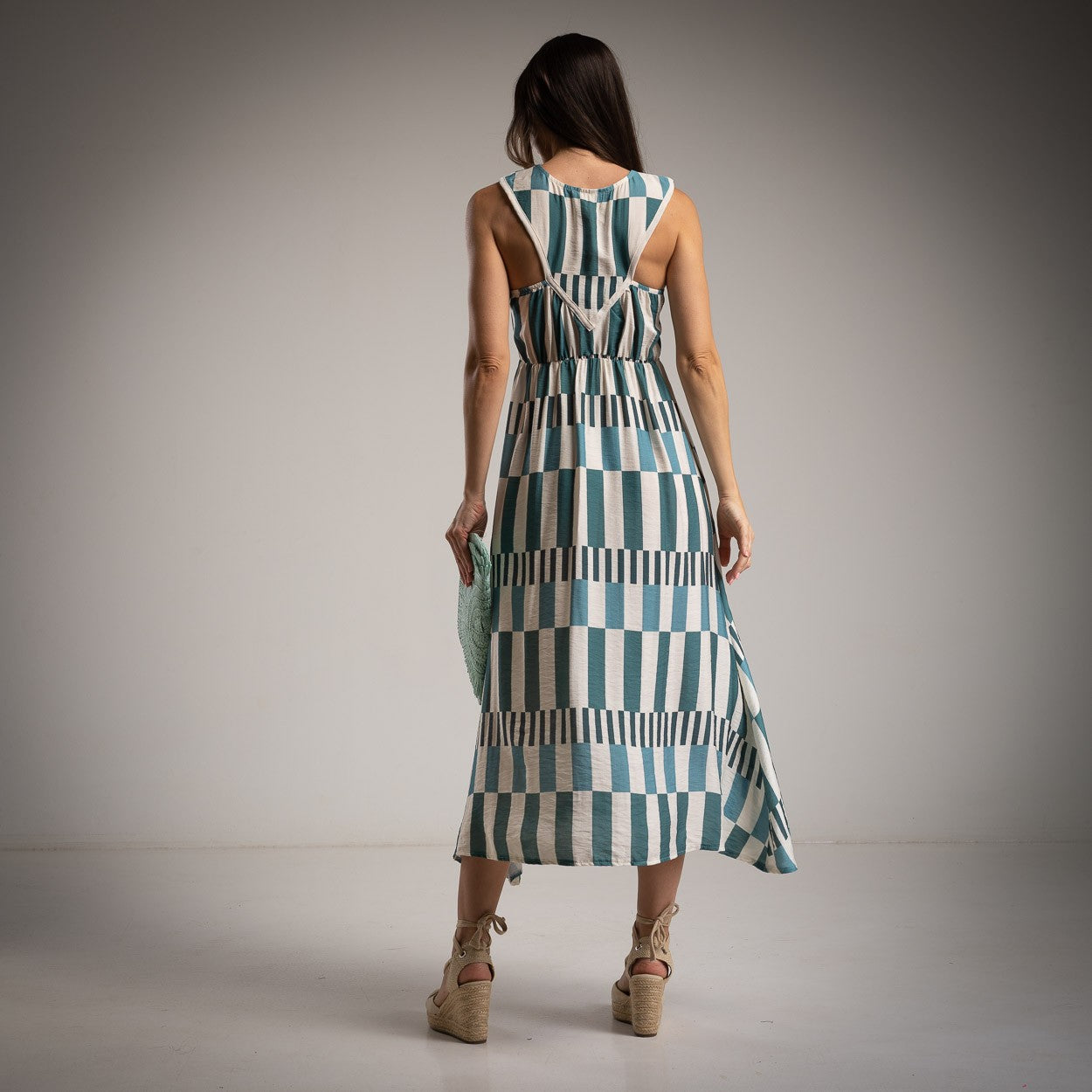 MARIΓIOÚ retro midi dress graphic stripe sea blue back view