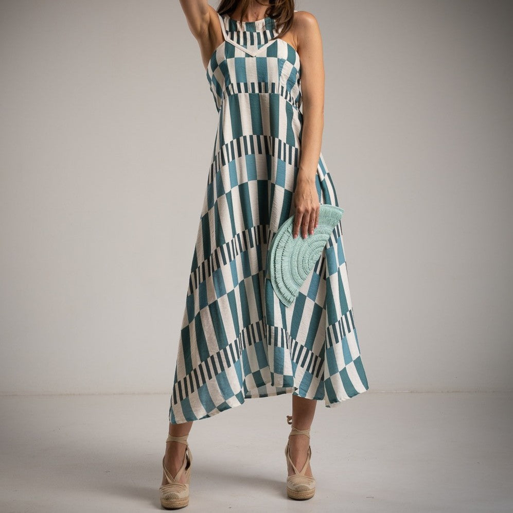 MARIΓIOÚ retro graphic stripe midi dress sea blue front detail