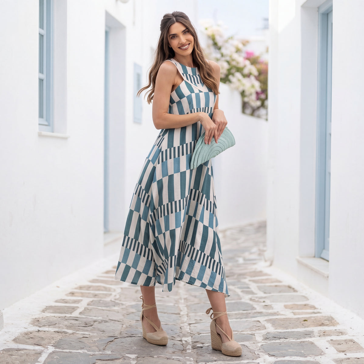 MARIΓIOÚ sea blue retro midi dress with graphic stripe print summer outfit