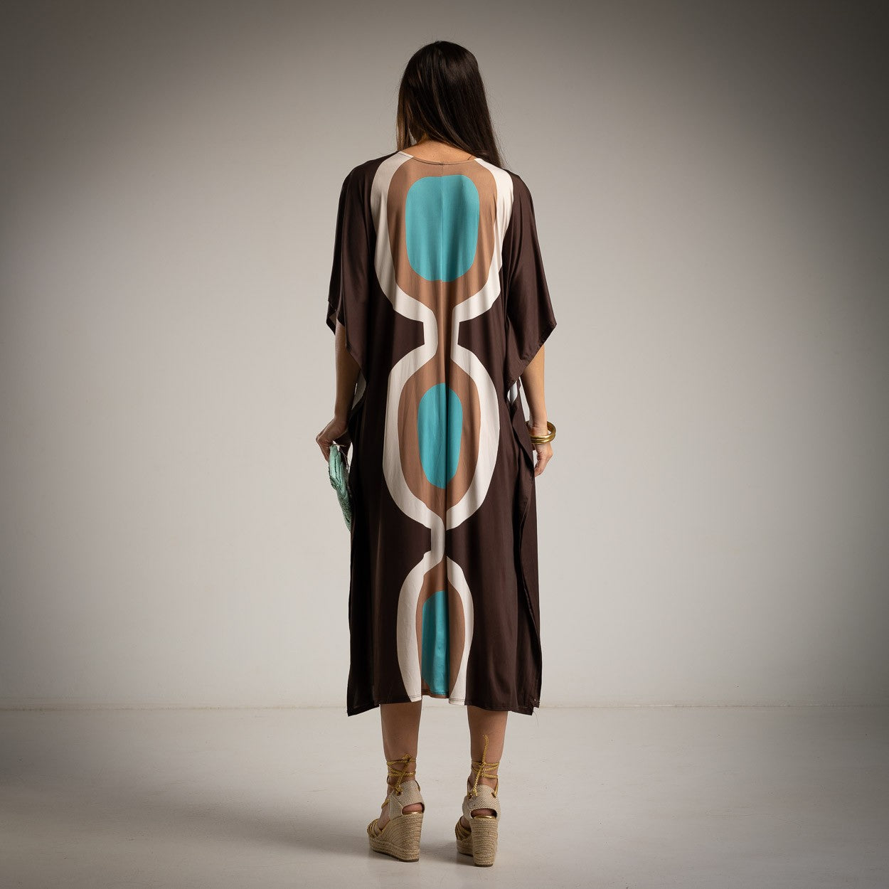 MARIΓIOÚ retro oversized midi dress brown turquoise geometric print back view