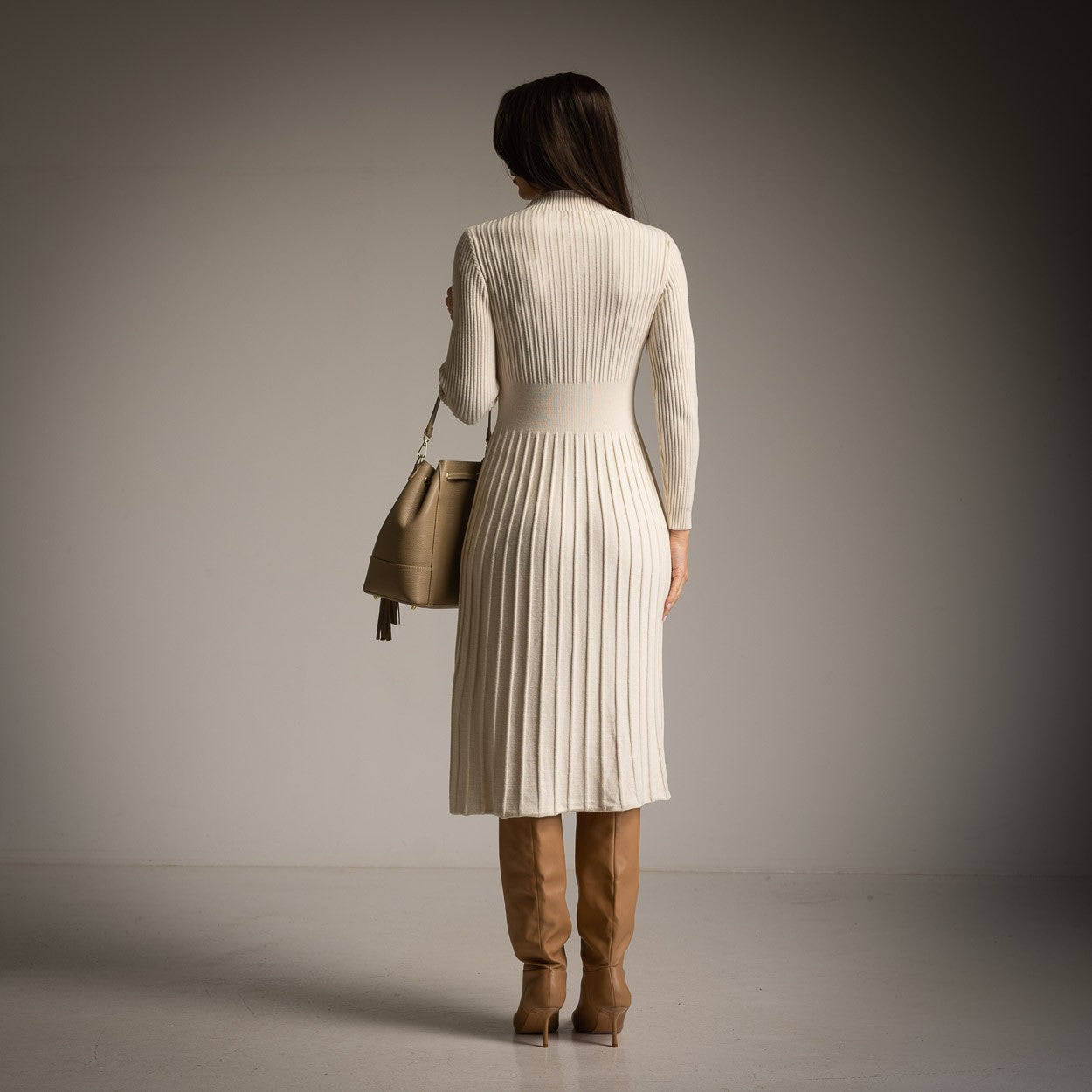 Creme ribbed knit dress by MARIΓIOÚ, back view