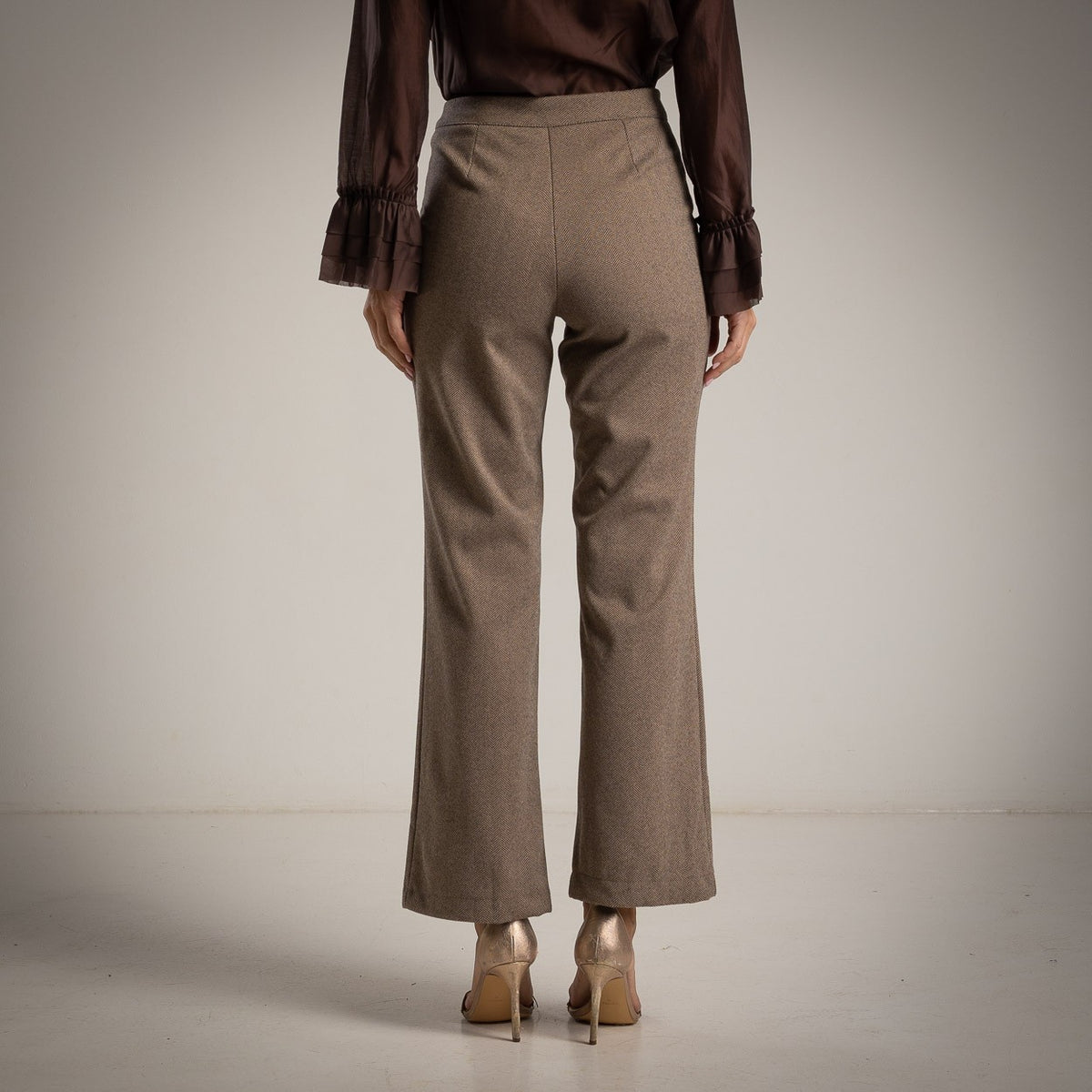 Almond Taupe high-waist sailor trousers with decorative button front and flared leg - back view