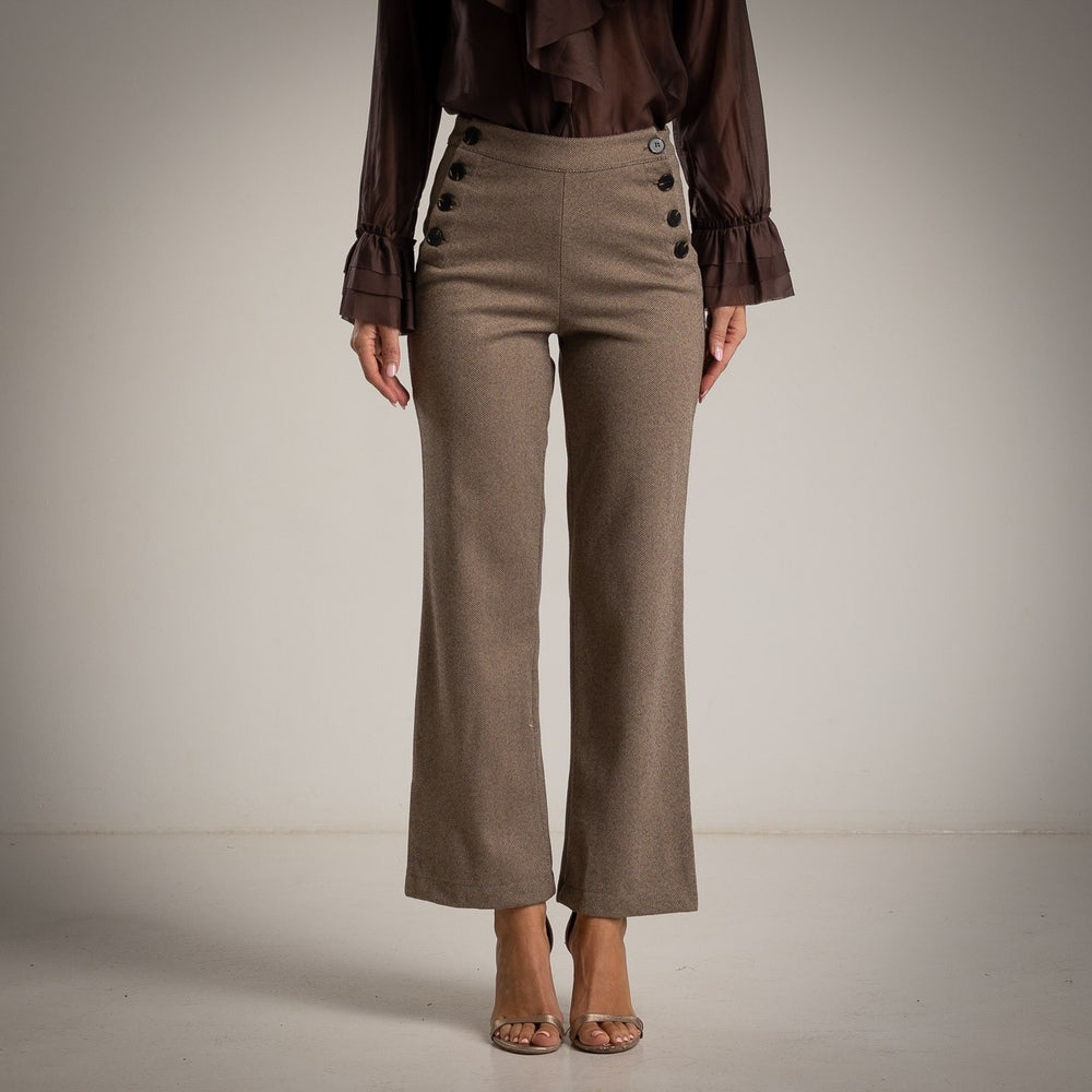 Almond Taupe high-waist sailor trousers with decorative button front and flared leg - front view