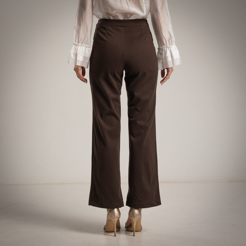 Cocoa Brown high-waist sailor trousers with decorative button front and flared leg - back view