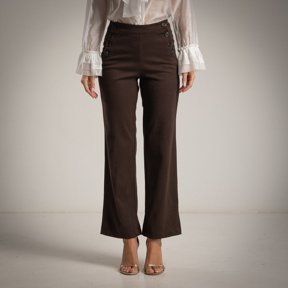 Cocoa Brown high-waist sailor trousers with decorative button front and flared leg - front view