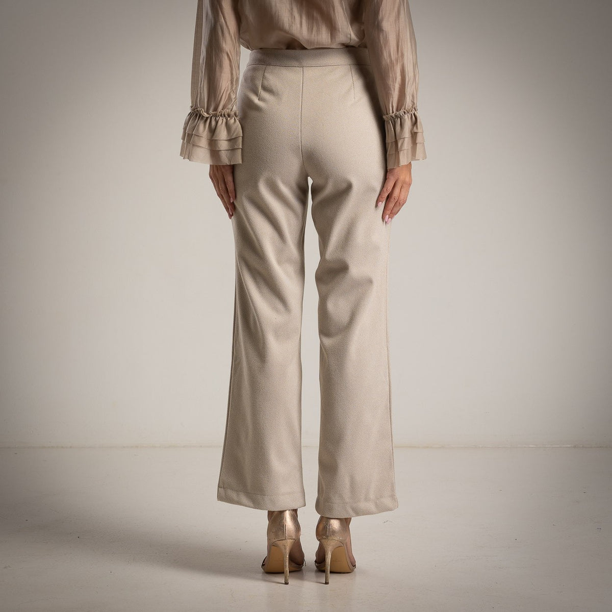 Latte Beige high-waist sailor trousers with decorative button front and flared leg - back view