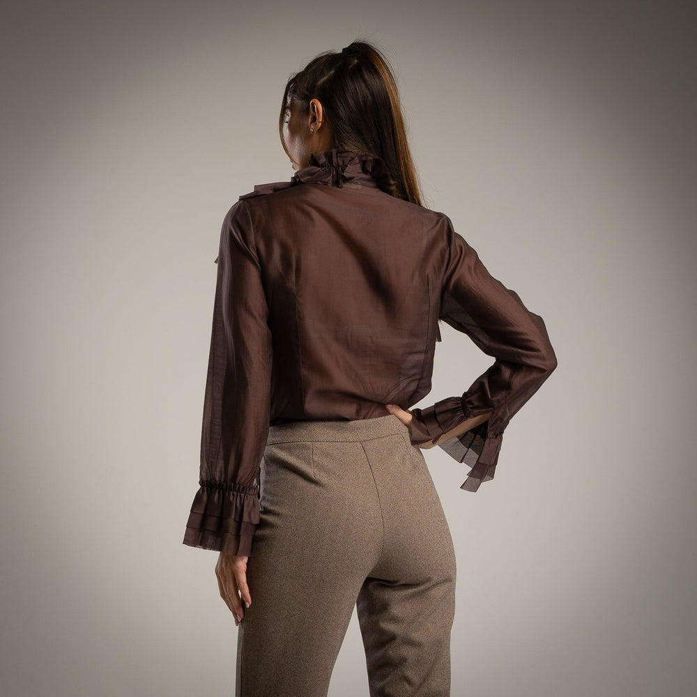 Cocoa Brown ruffle blouse with tie bow neck and flounced cuffs - back view