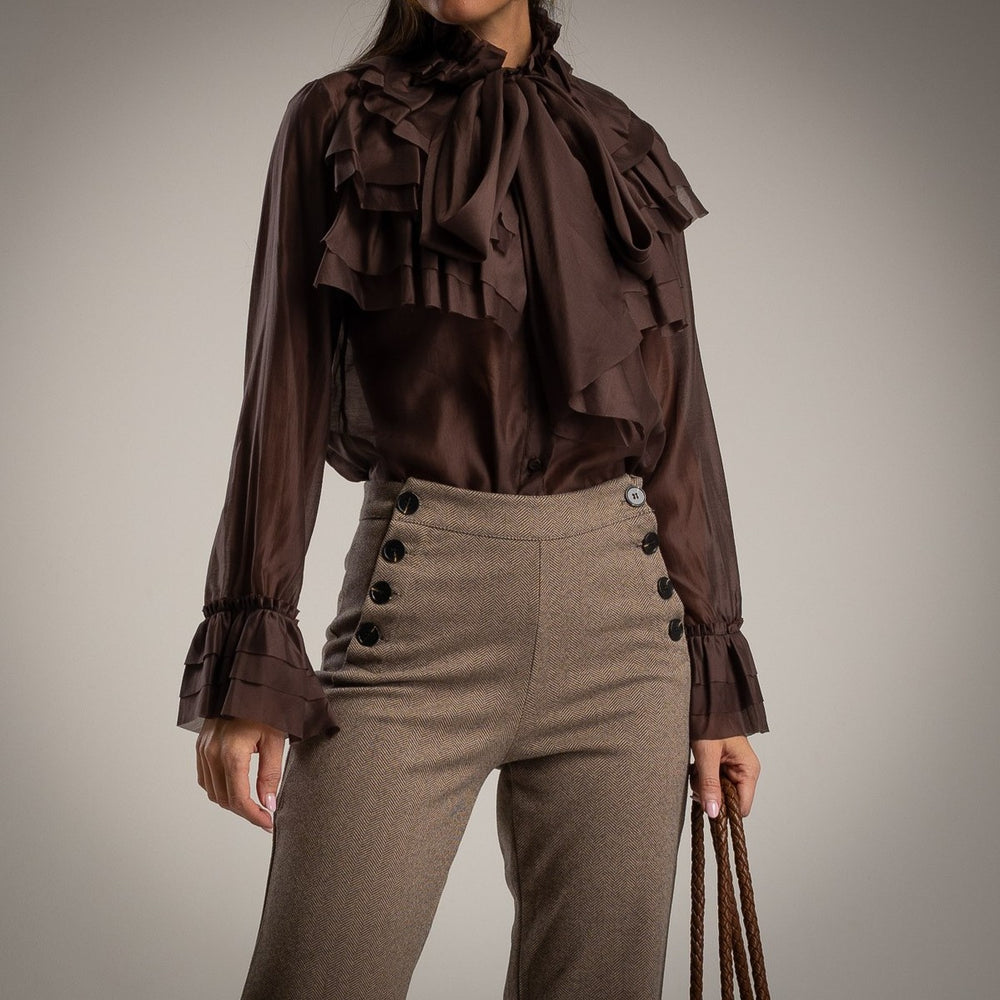 Cocoa Brown ruffle blouse with tie bow neck and flounced cuffs - front view