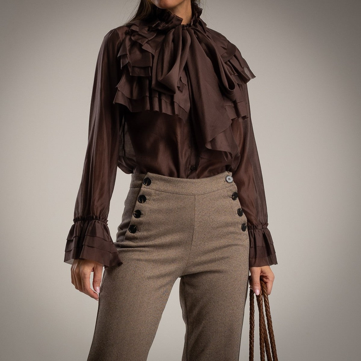 Cocoa Brown ruffle blouse with tie bow neck and flounced cuffs - front view