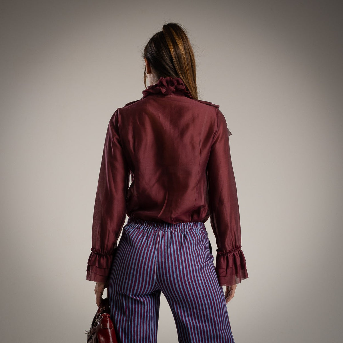 Deep Wine Red ruffle blouse with tie bow neck and flounced cuffs - back view
