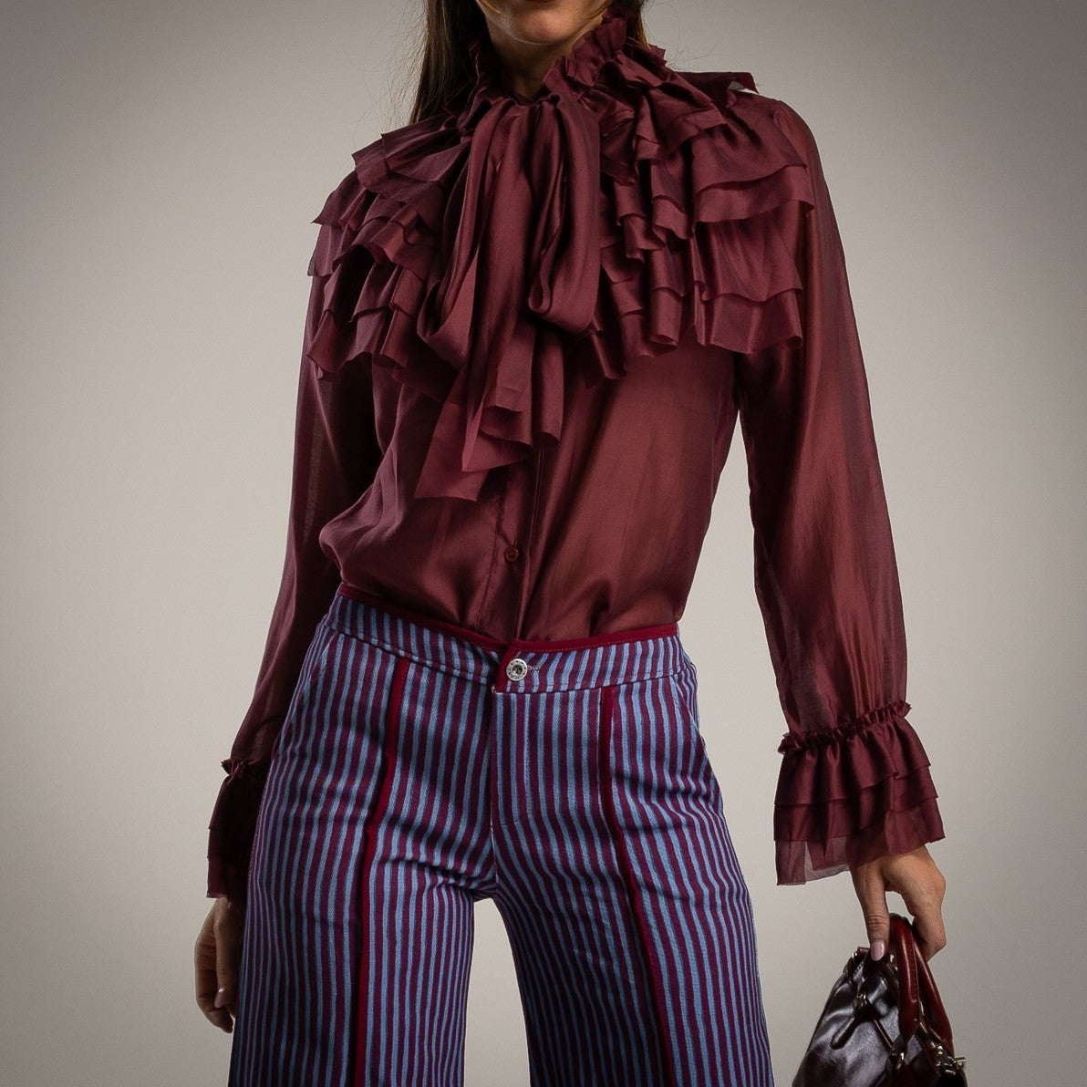 Deep Wine Red ruffle blouse with tie bow neck and flounced cuffs - front view