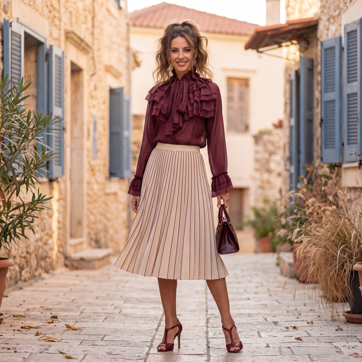 Deep Wine Red ruffle blouse with tie bow neck and flounced cuffs by MARIΓIOU