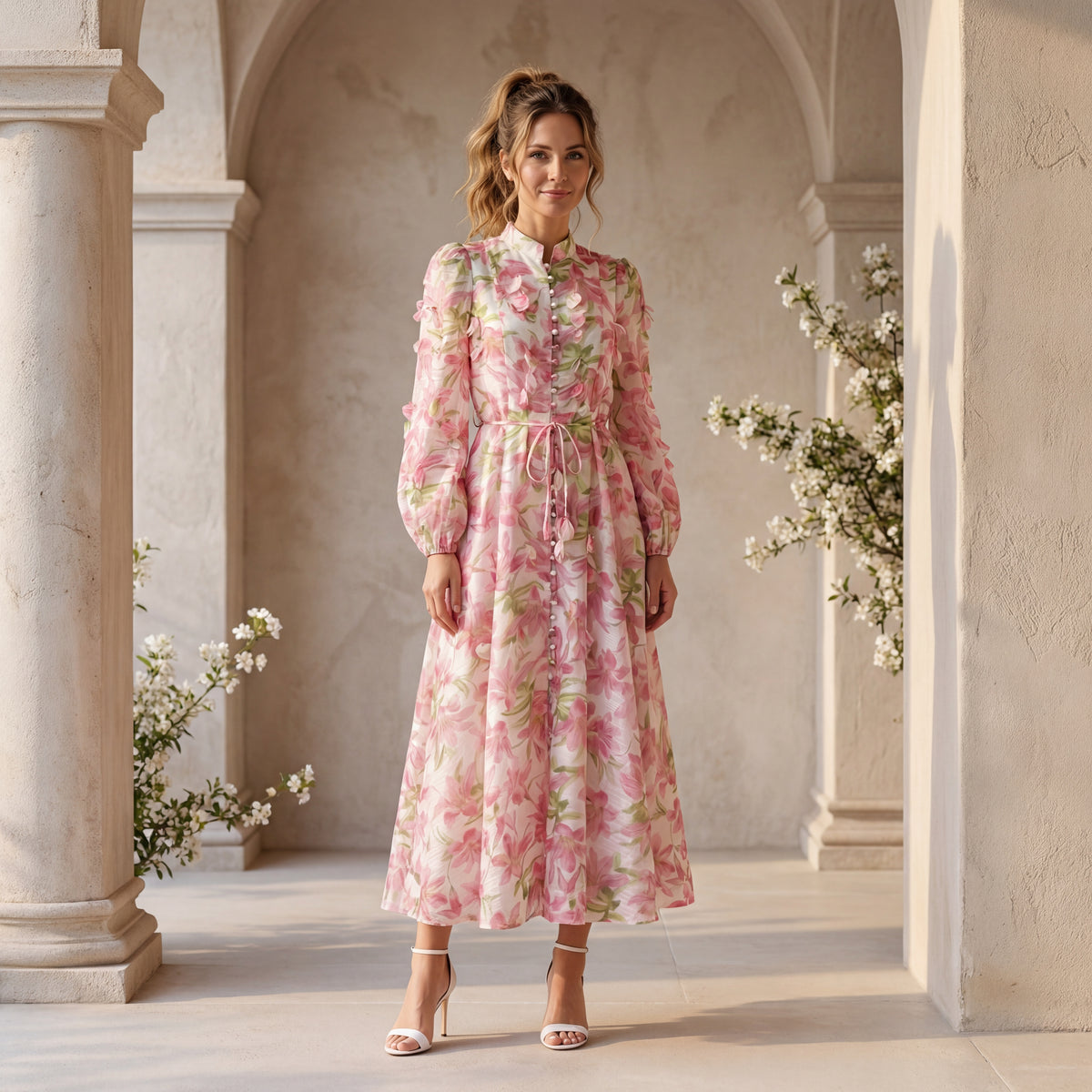 romantic floral dress pink elegant long sleeve dress full body