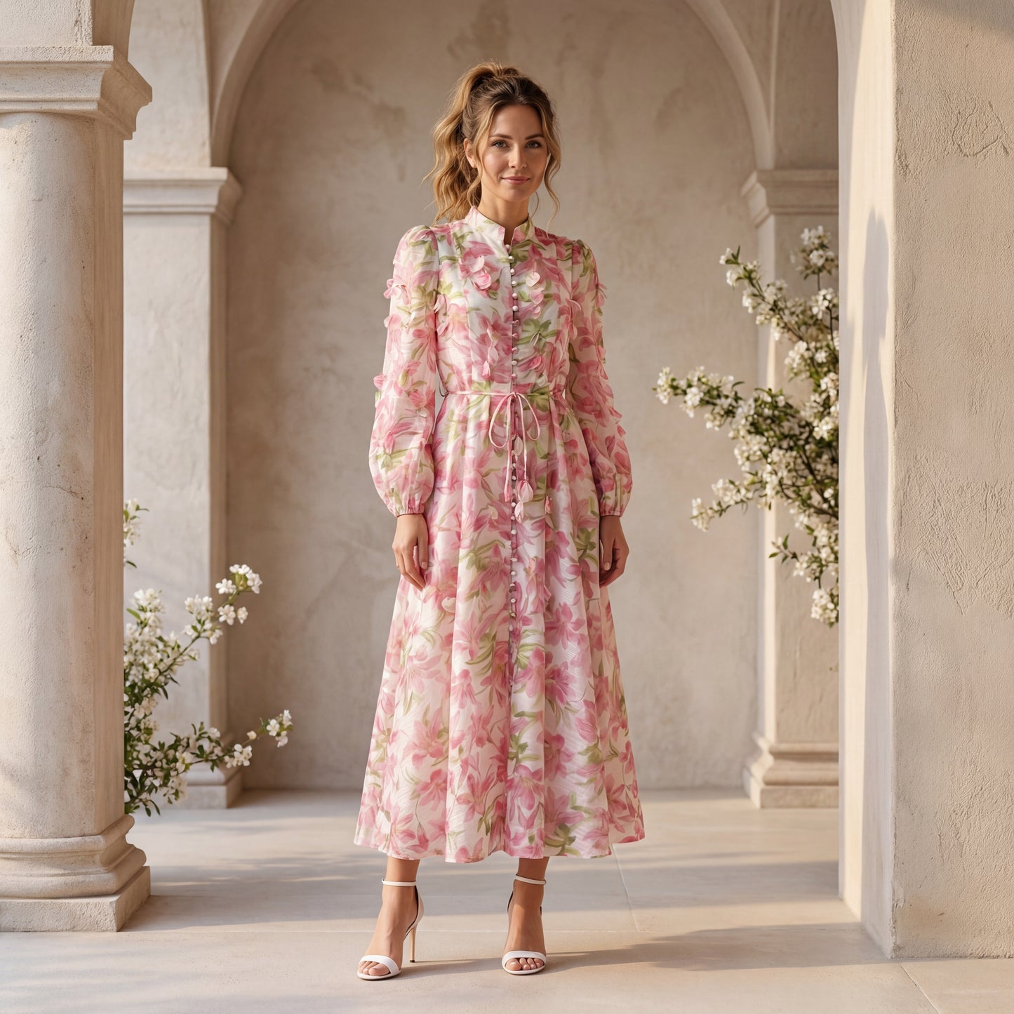 romantic floral dress pink elegant long sleeve dress full body