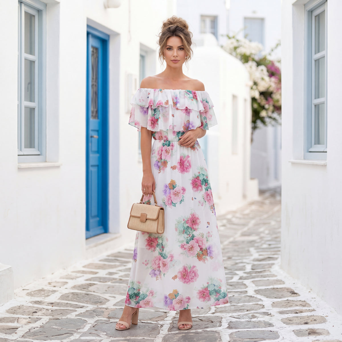 Elegant off shoulder floral maxi dress styled in Mediterranean street setting