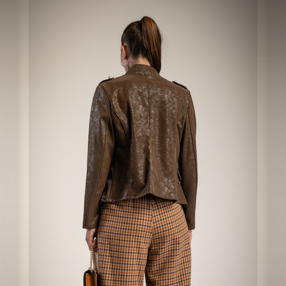 Chocolate cropped faux leather jacket with stand-up collar and epaulettes - back view