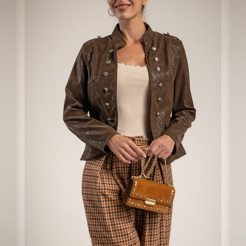 Chocolate cropped faux leather jacket with stand-up collar and epaulettes - front view