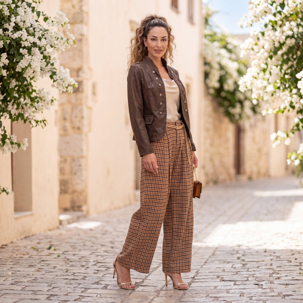 Chocolate cropped faux leather jacket with stand-up collar and epaulettes by MARIΓIOU