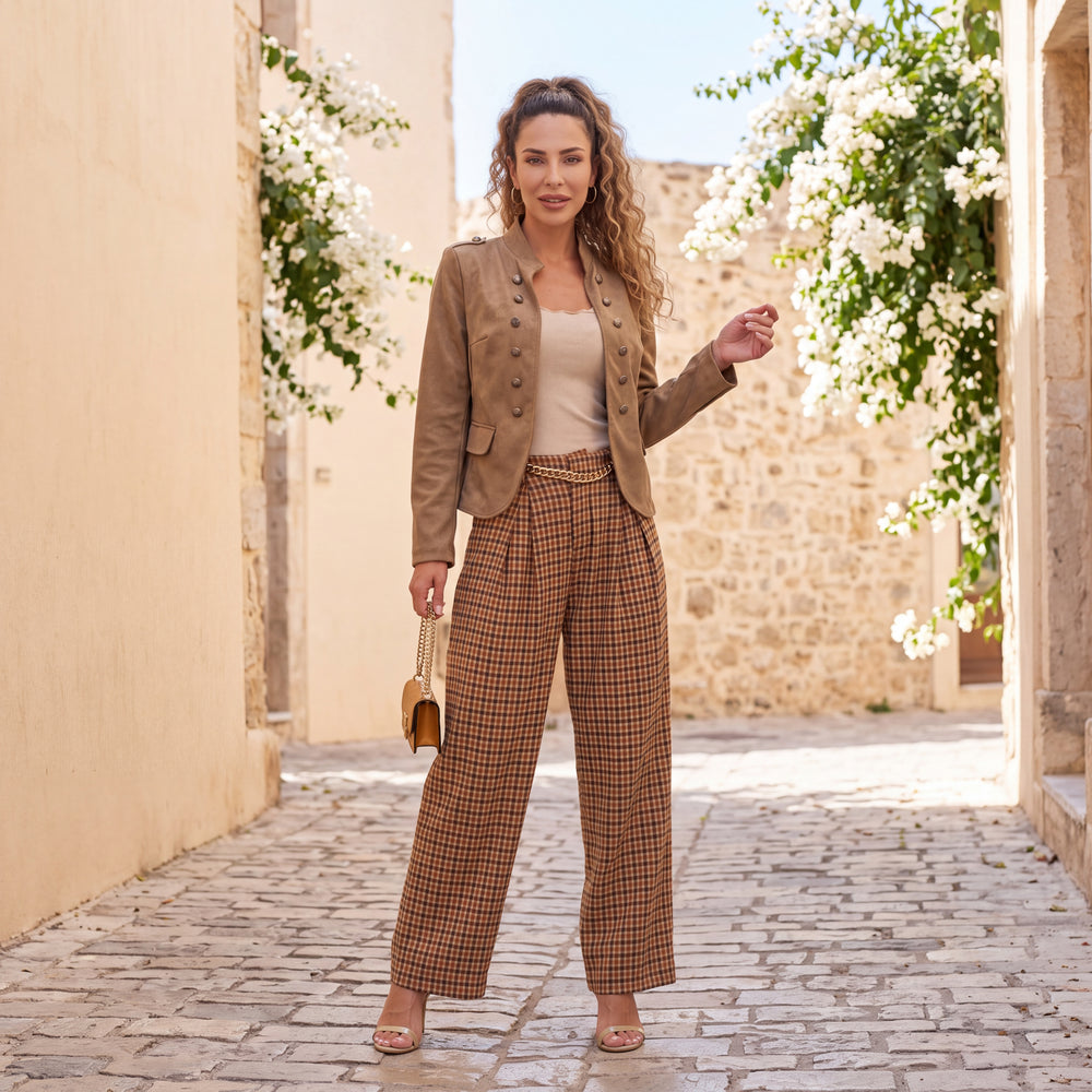 Warm Camel cropped faux leather jacket with stand-up collar and epaulettes by MARIΓIOU