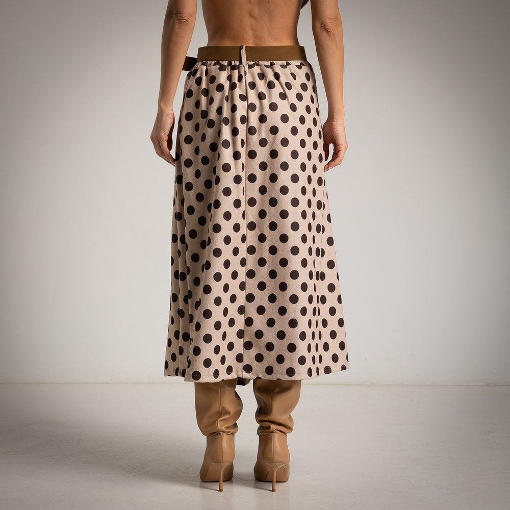 Latte Beige pleated polka dot midi skirt with belt and side pockets - back view