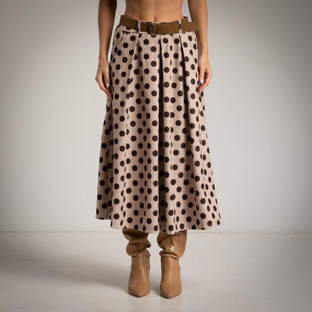 Latte Beige pleated polka dot midi skirt with belt and side pockets - front view