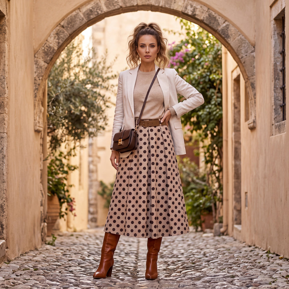 Latte Beige pleated polka dot midi skirt with belt and side pockets by MARIΓIOU