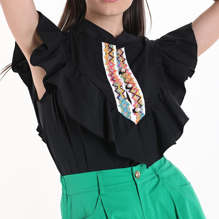 Classic Black ruffle blouse with colorful embroidered front detail by MARIΓIOÚ