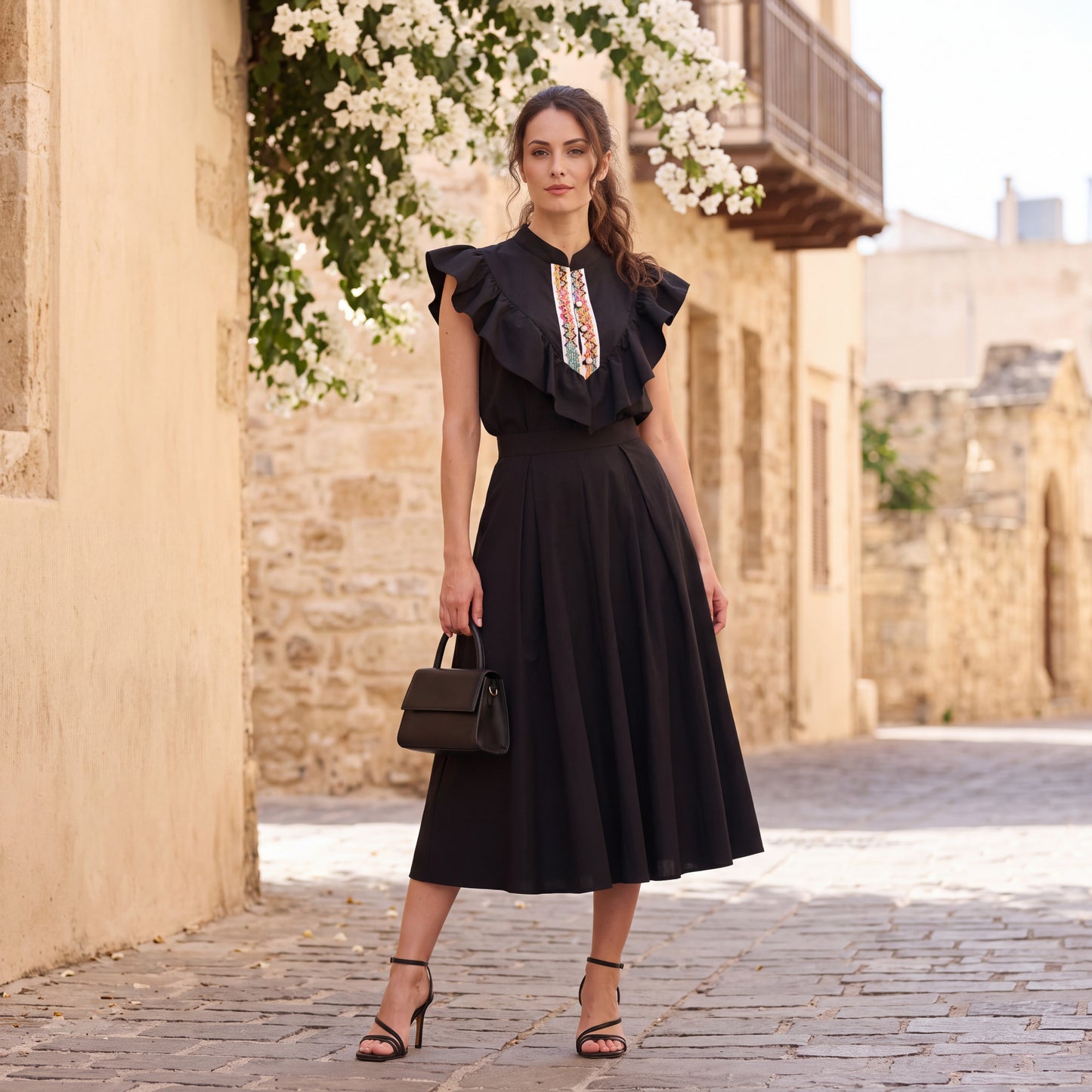 Classic Black ruffle blouse with colorful embroidery by MARIΓIOÚ