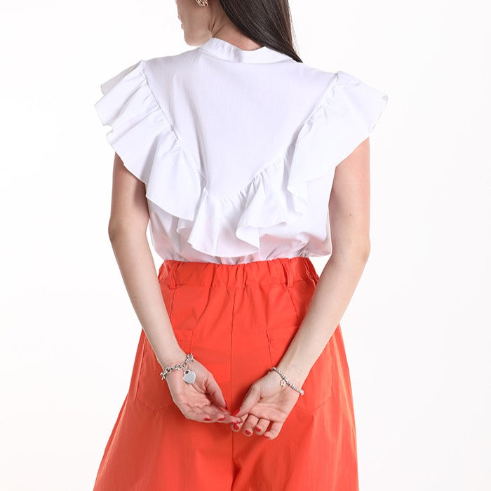 Back view of Classic White sleeveless ruffle blouse by MARIΓIOÚ