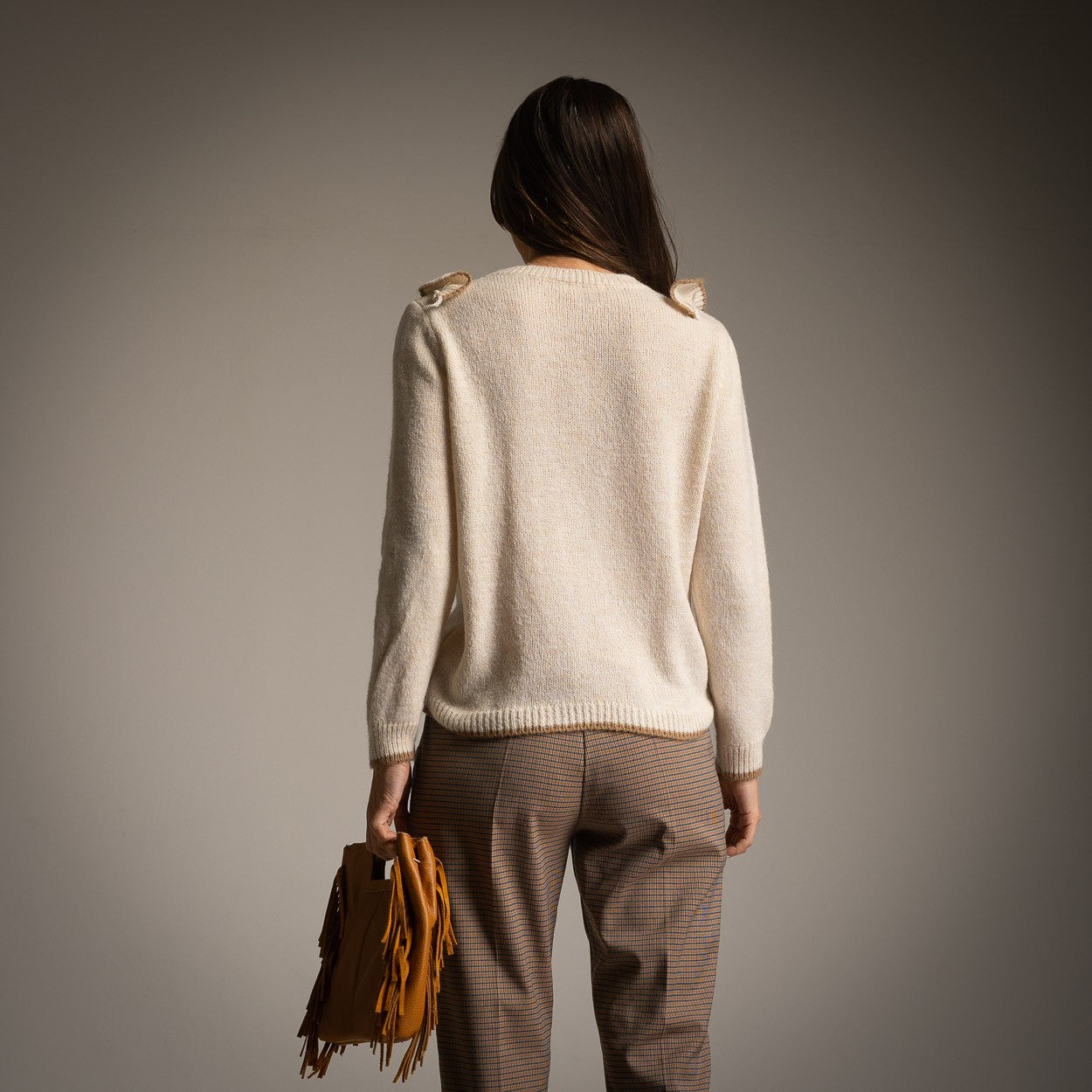 marigiou ruffled knit sweater beige back view