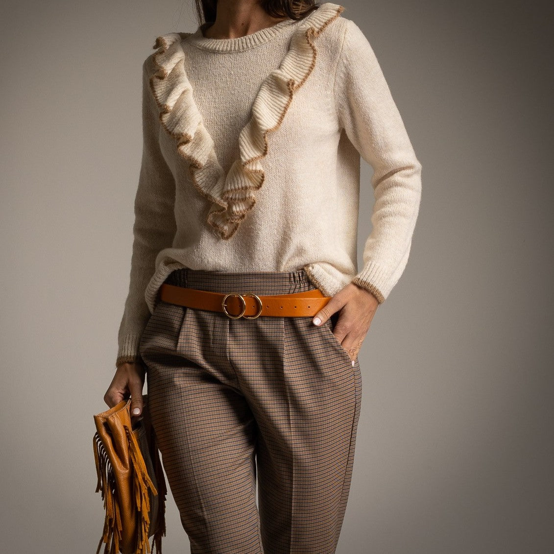 marigiou ruffled knit sweater beige front detail