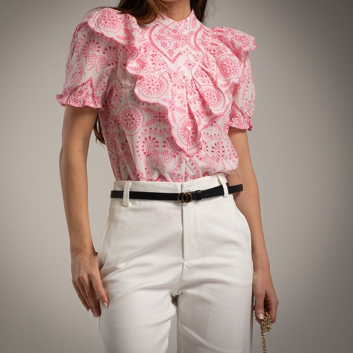 MARIΓIOÚ ruffled perforated cotton blouse front detail embroidery