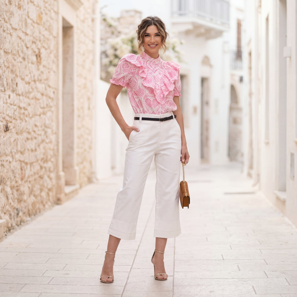 MARIΓIOÚ elegant ruffled perforated blouse full body styled look