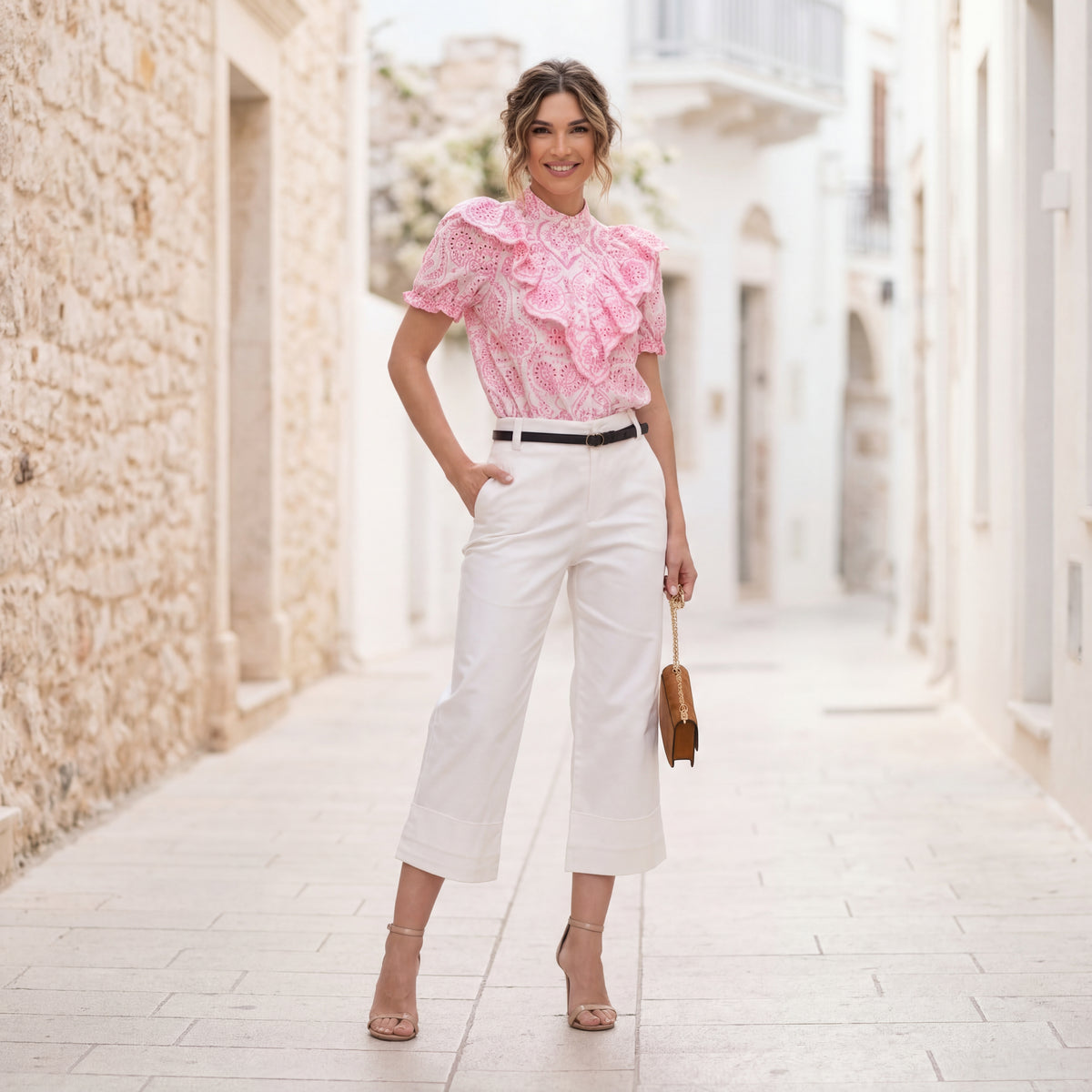 MARIΓIOÚ elegant ruffled perforated blouse full body styled look