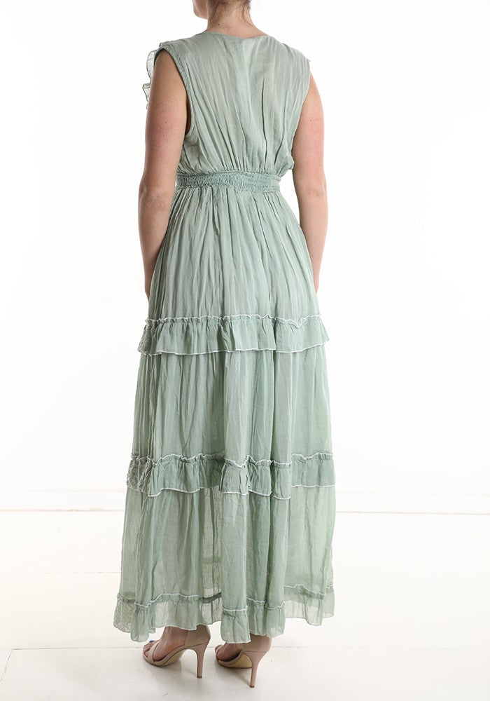 Sage Green boho maxi dress with smocked waist and tiered back