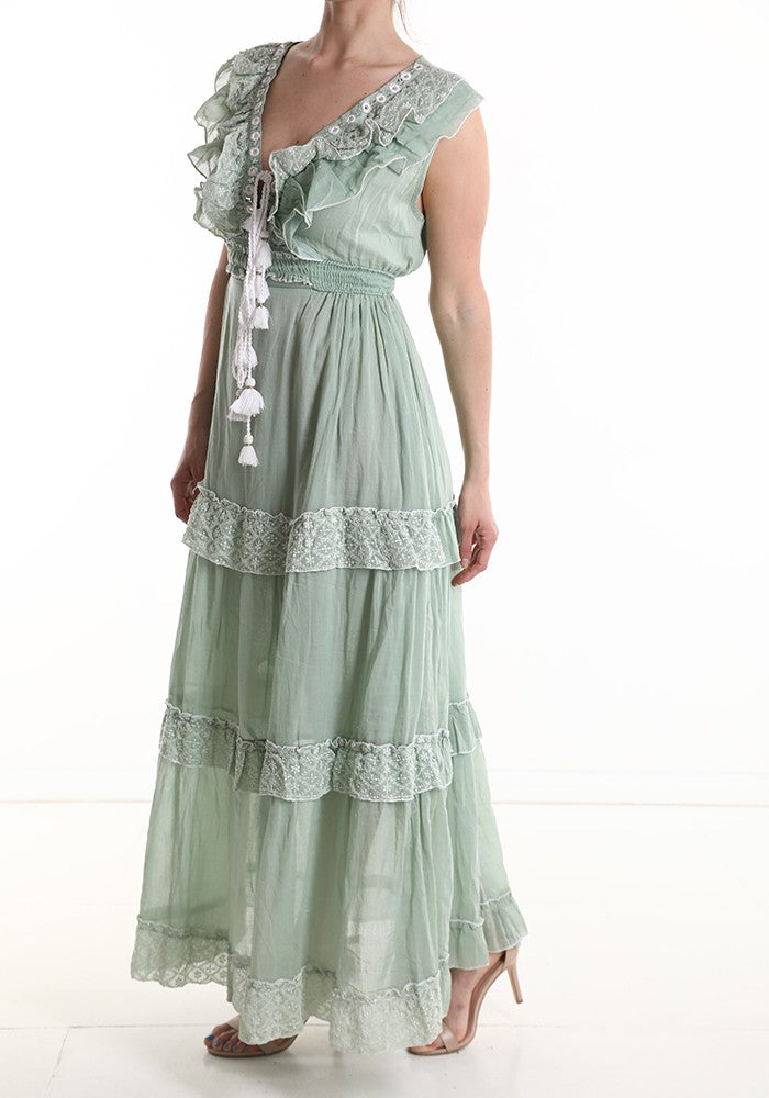 Sage Green boho maxi dress with lace details and flowing maxi silhouette
