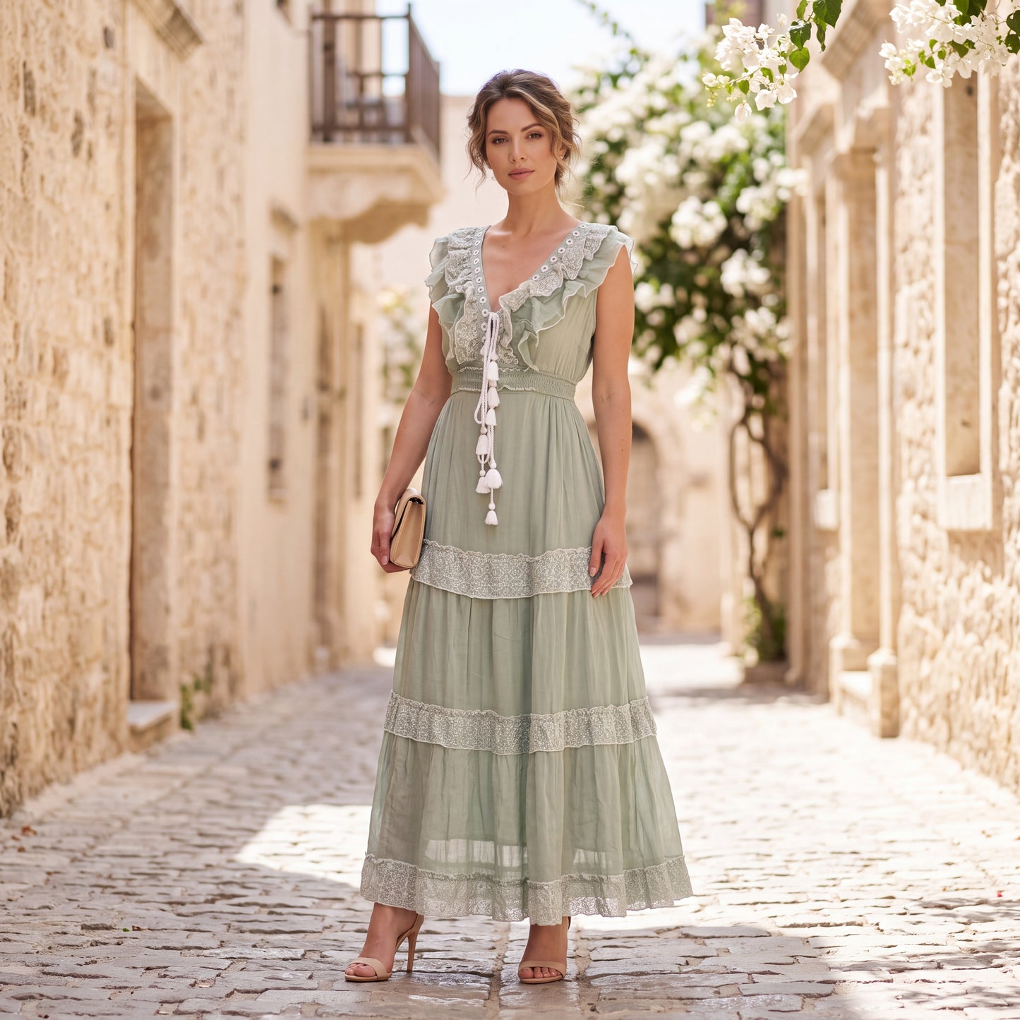 Sage Green boho maxi dress styled for an elegant Mediterranean summer look