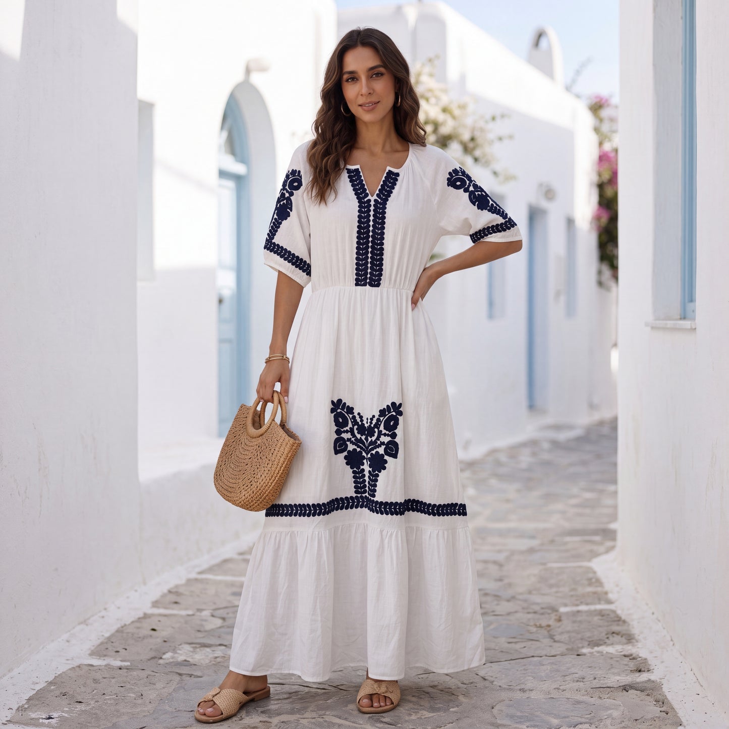 Santorini Maxi Dress in ivory white with navy blue Greek-inspired print