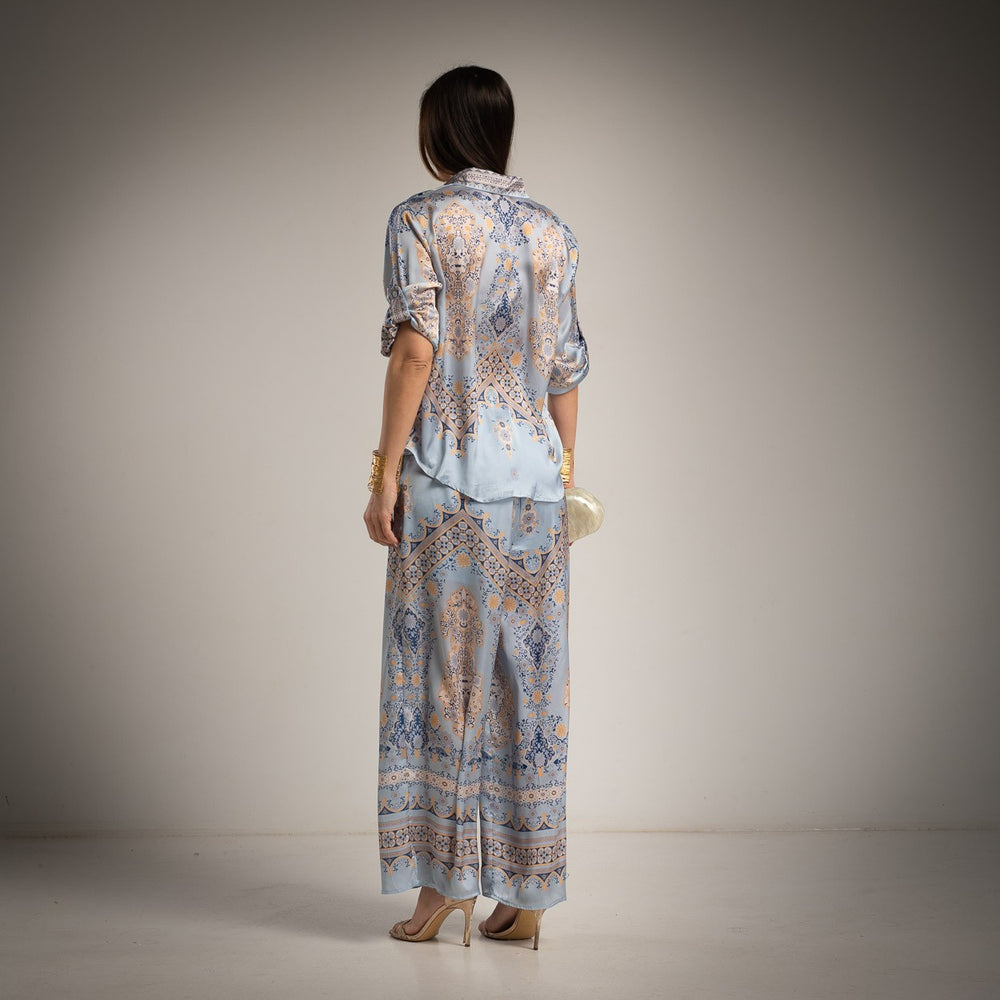 satin baroque co ord set back view blouse and pants elegant light blue outfit